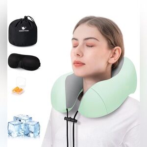 Black Memory Foam Travel Neck Pillow Sleep Mask Earplugs Set and Carry Pouch